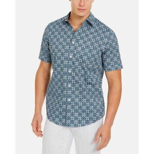 Tasso Elba Mens XL Blue Geometric Print Short Sleeve Button-Up Shirt 100% Cotton